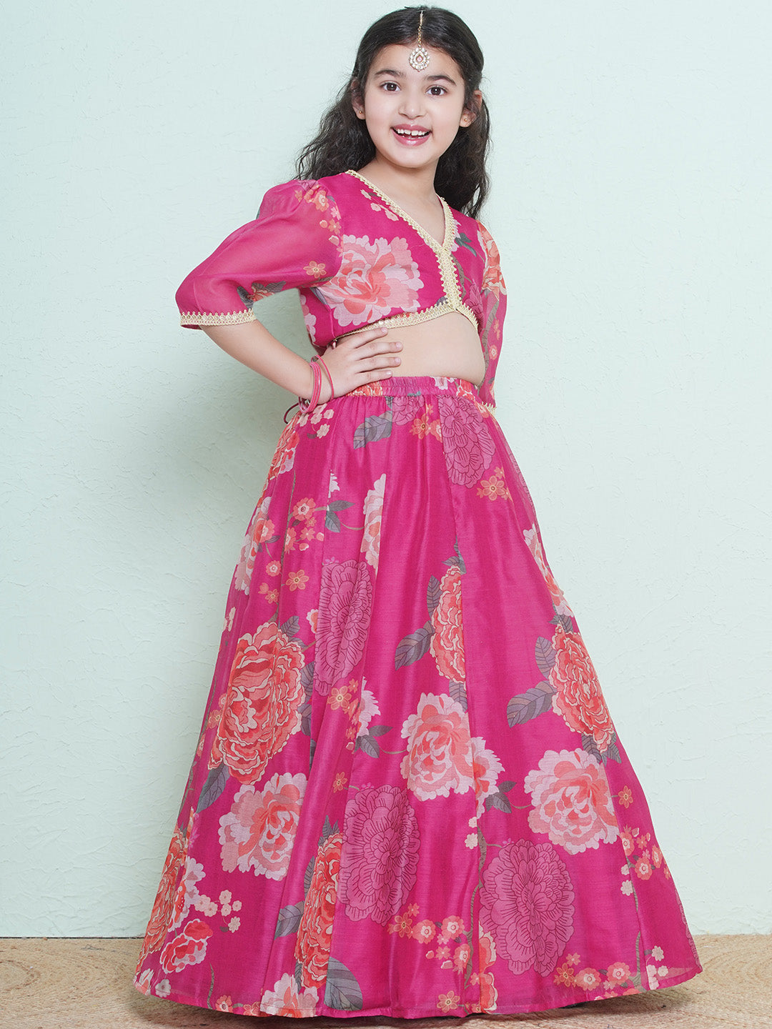 girls pink green multi printededed ready to wear lehenga choli with dupatta