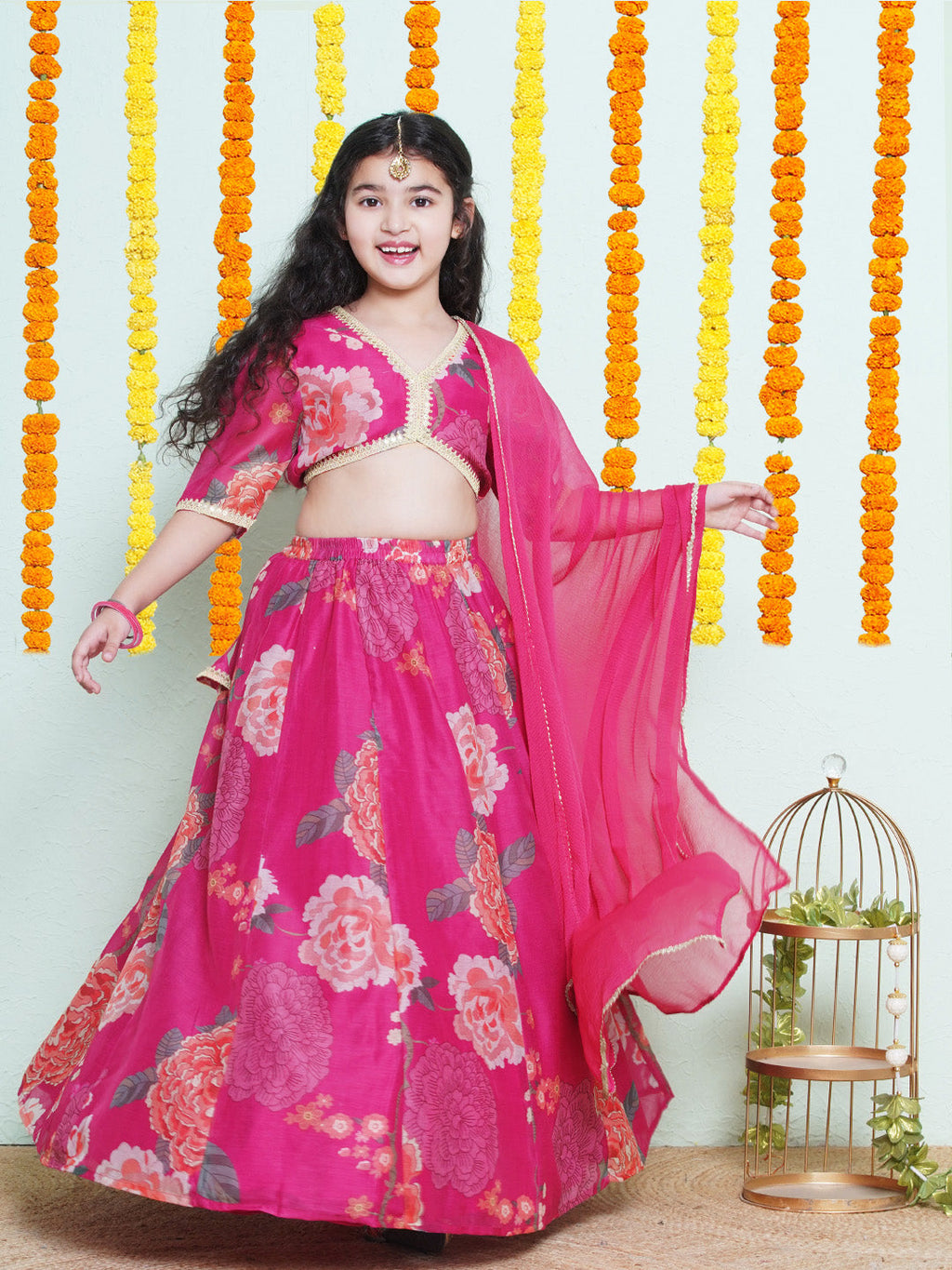 girls pink green multi printededed ready to wear lehenga choli with dupatta