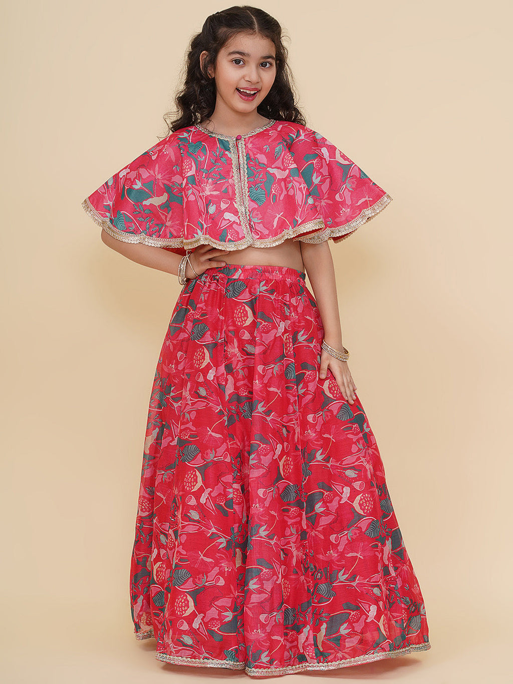 girls pink green printed choli cape style pink ready to wear lehenga