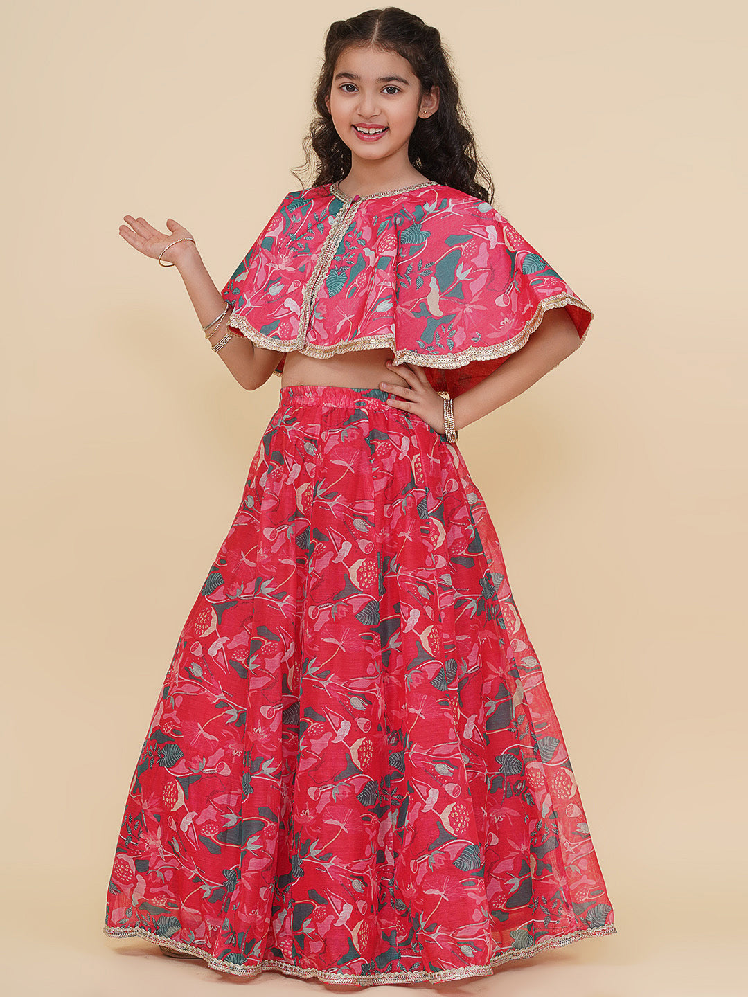 girls pink green printed choli cape style pink ready to wear lehenga