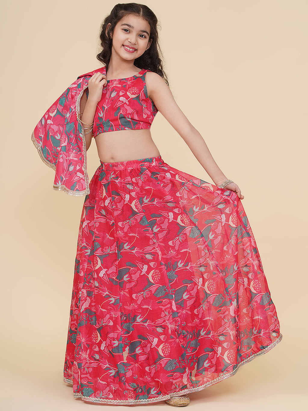 girls pink green printed choli cape style pink ready to wear lehenga