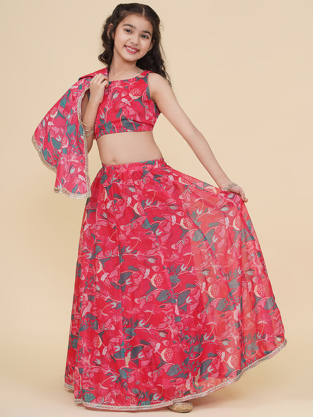 girls pink green printed choli cape style pink ready to wear lehenga