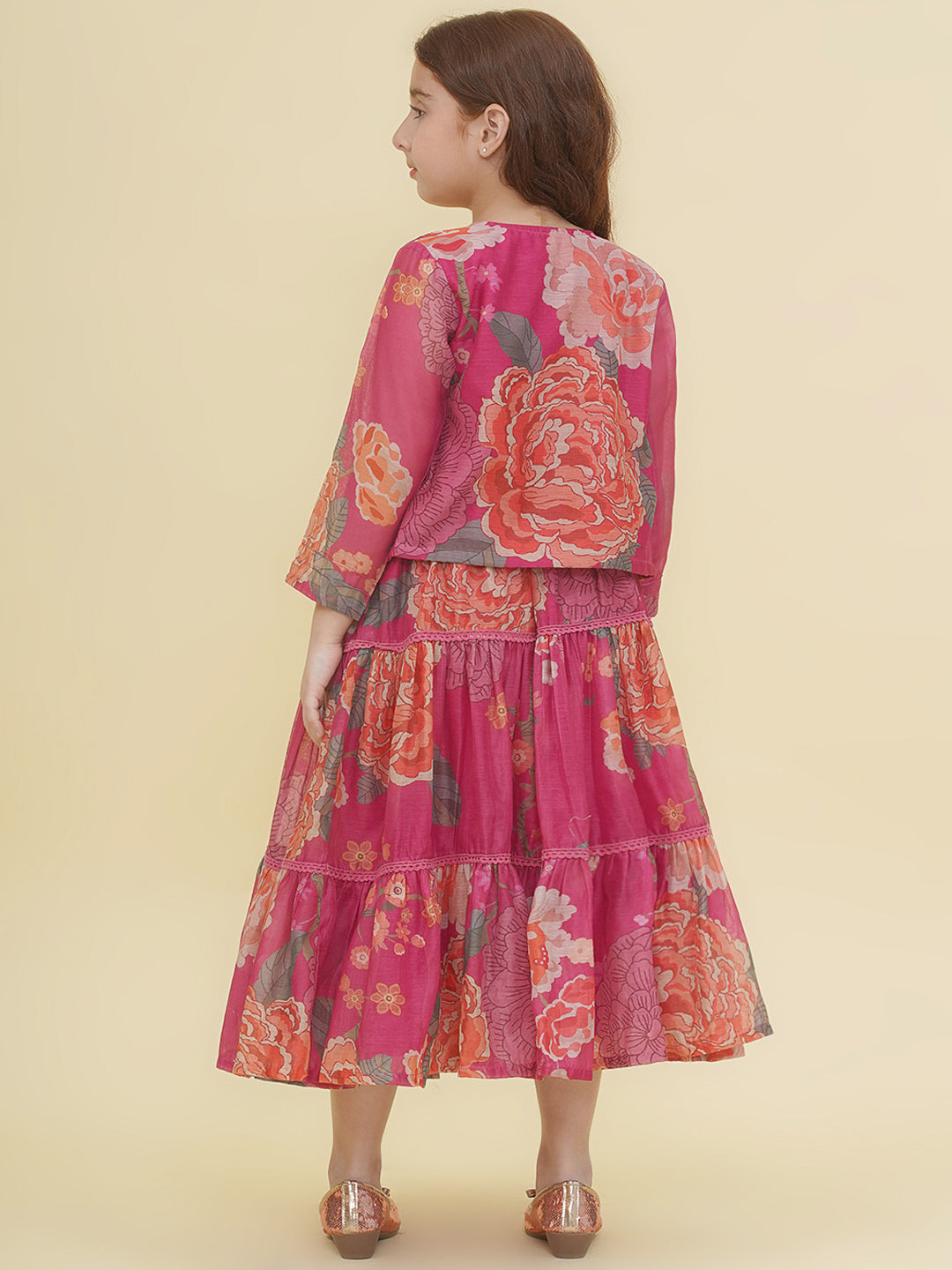 girls pink multi digital print maxi dress with jacket