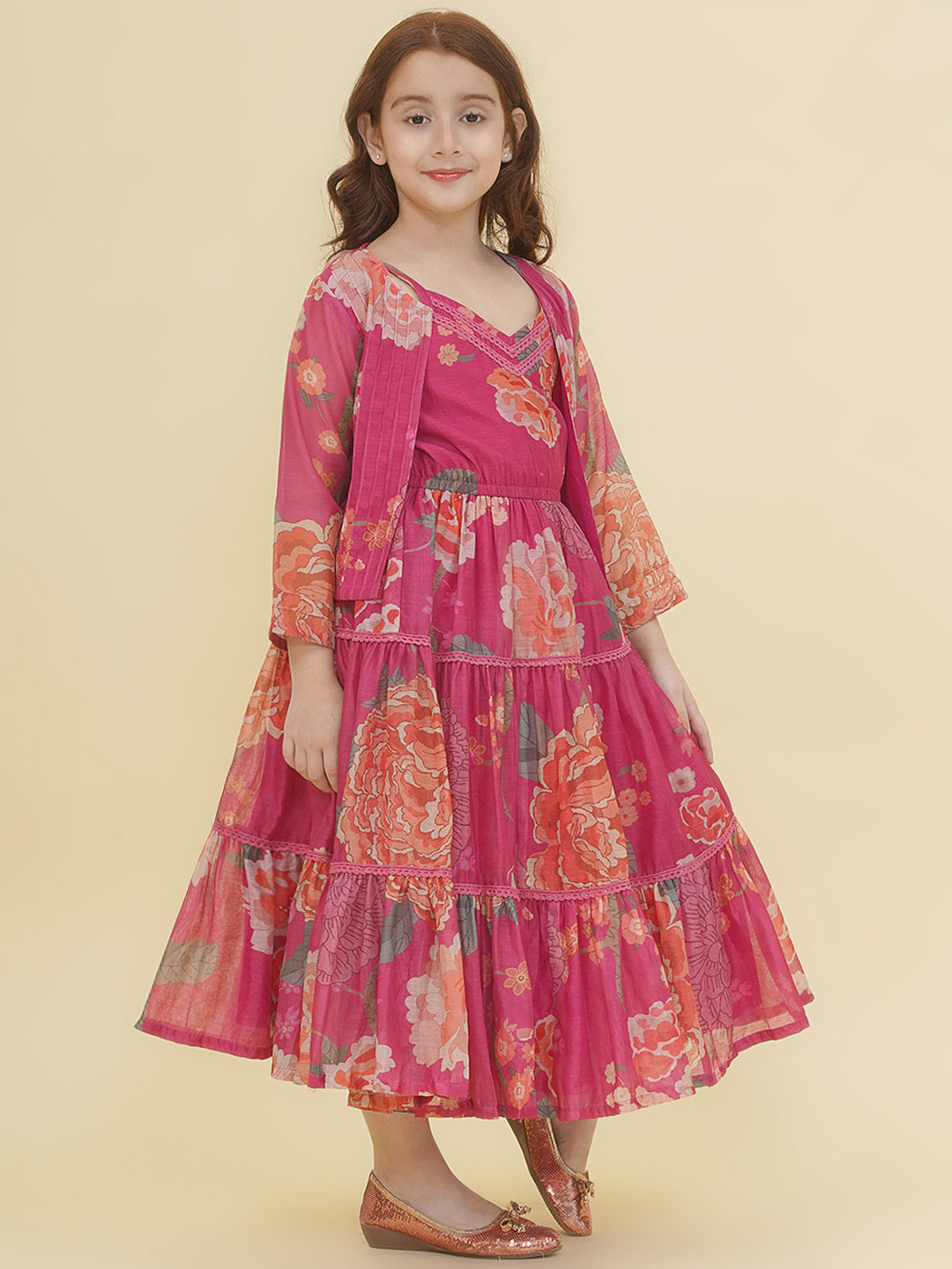girls pink multi digital print maxi dress with jacket