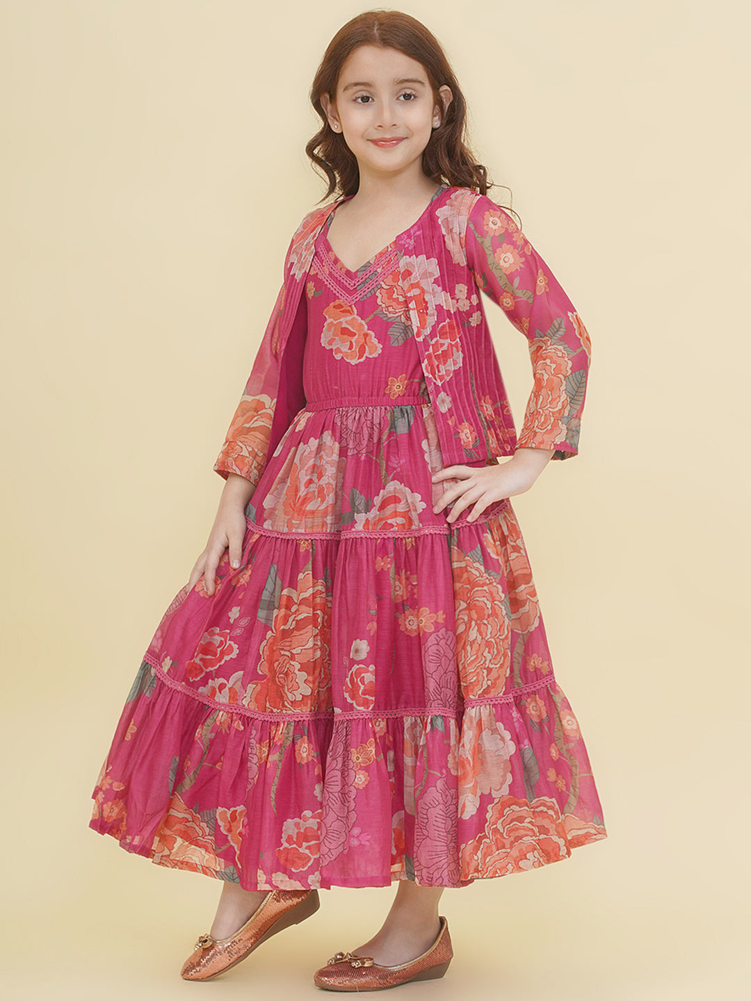 girls pink multi digital print maxi dress with jacket