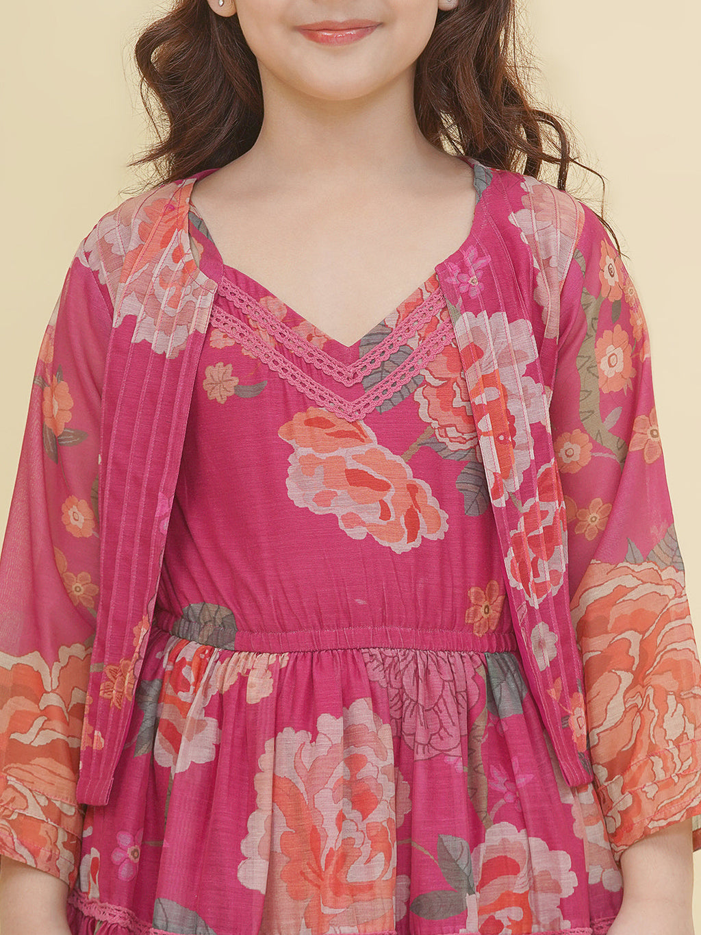 girls pink multi digital print maxi dress with jacket