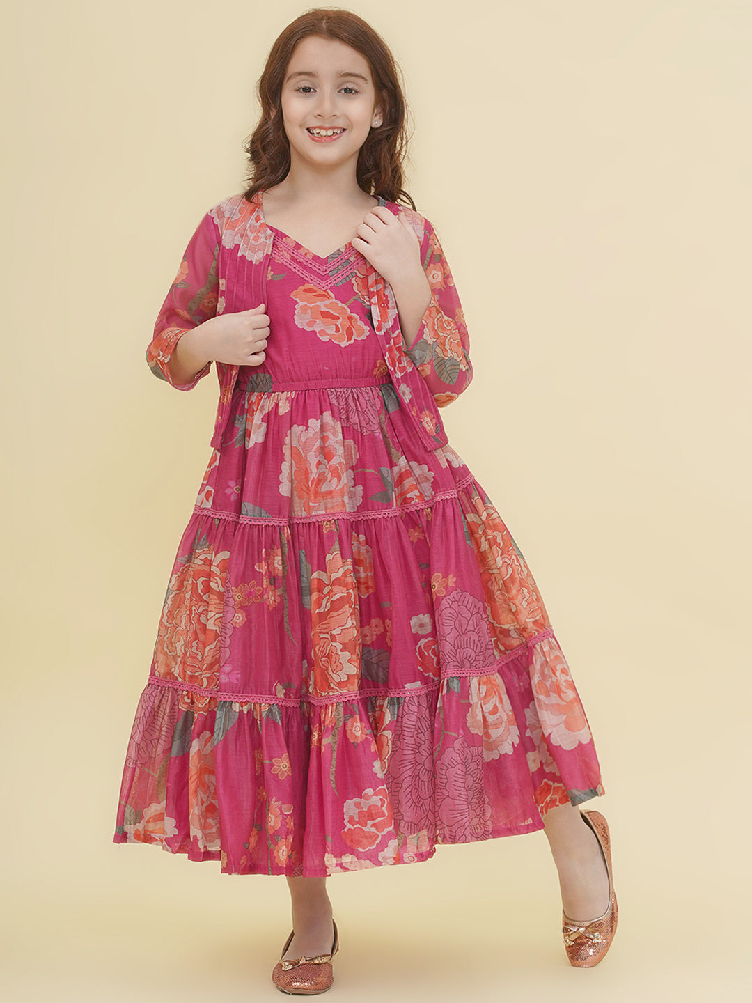 girls pink multi digital print maxi dress with jacket