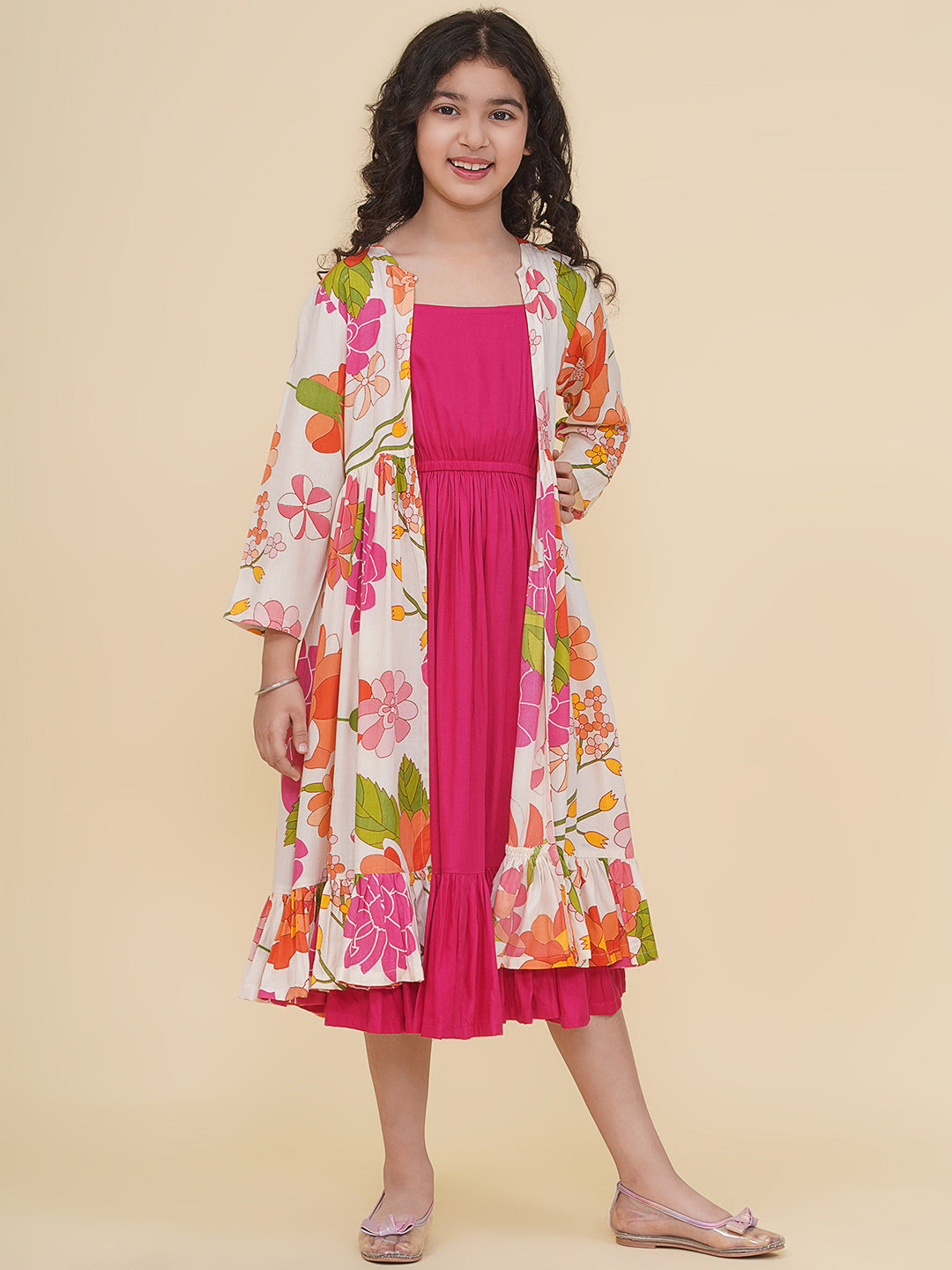 girls pink multi digital print maxi jacket dress