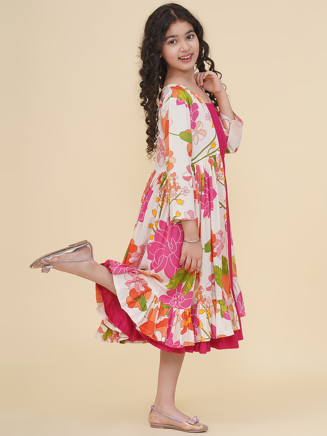 girls pink multi digital print maxi jacket dress