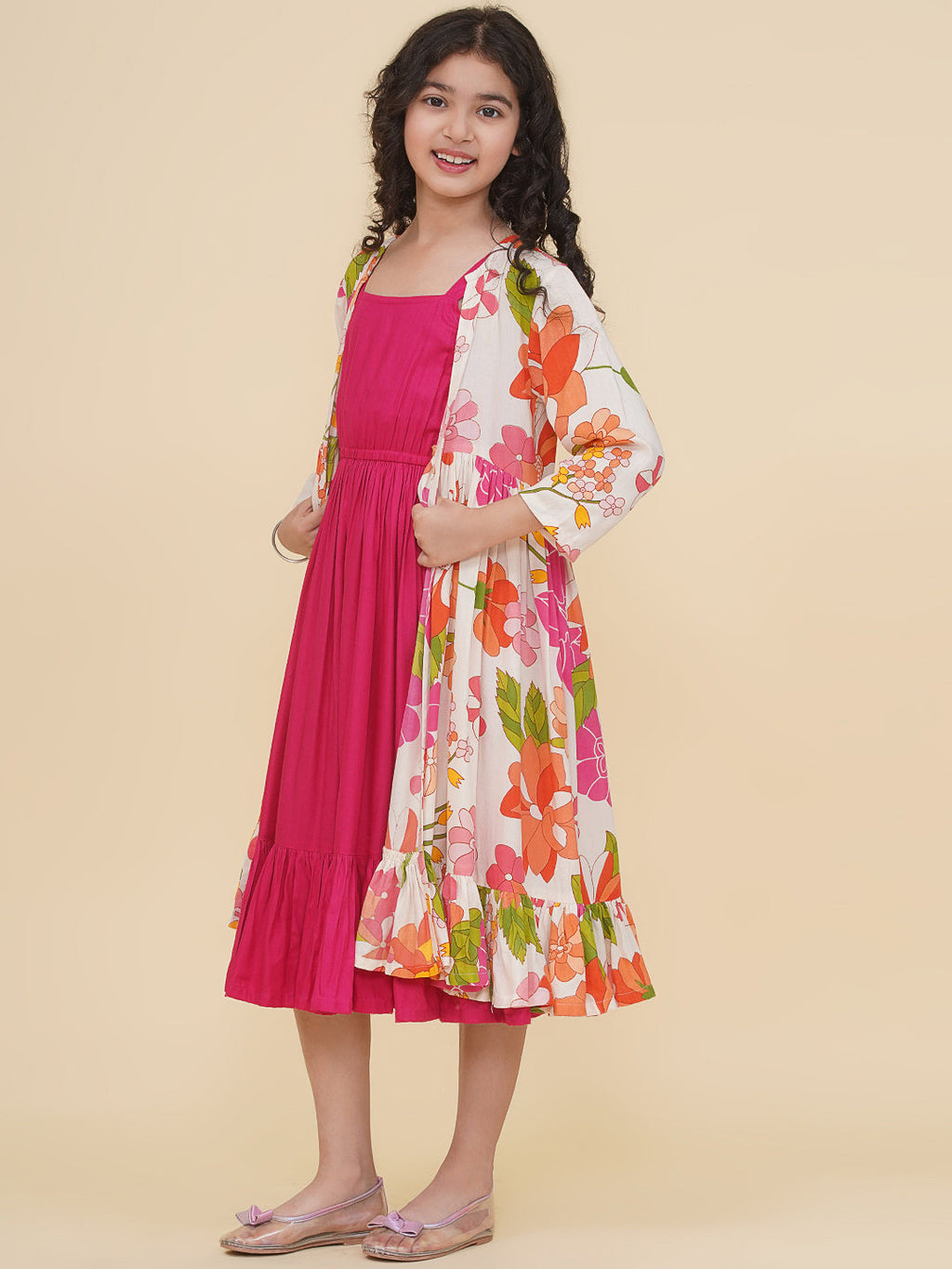 girls pink multi digital print maxi jacket dress