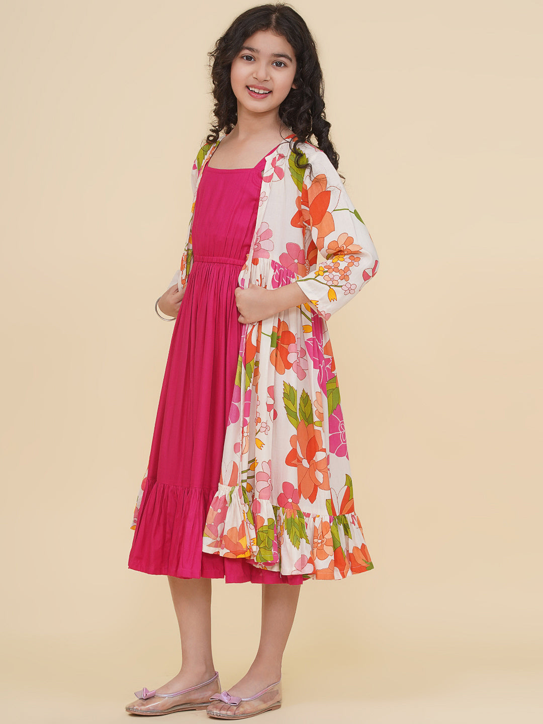 girls pink multi digital print maxi jacket dress