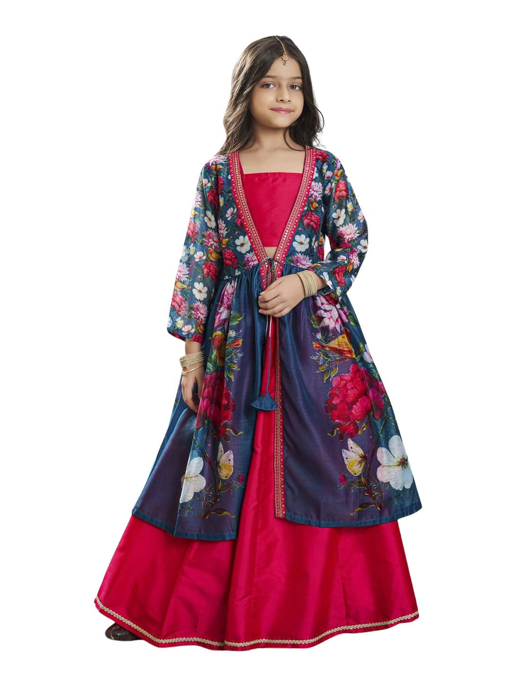 girls pink terquois blue digital print ready to wear lehenga with choli