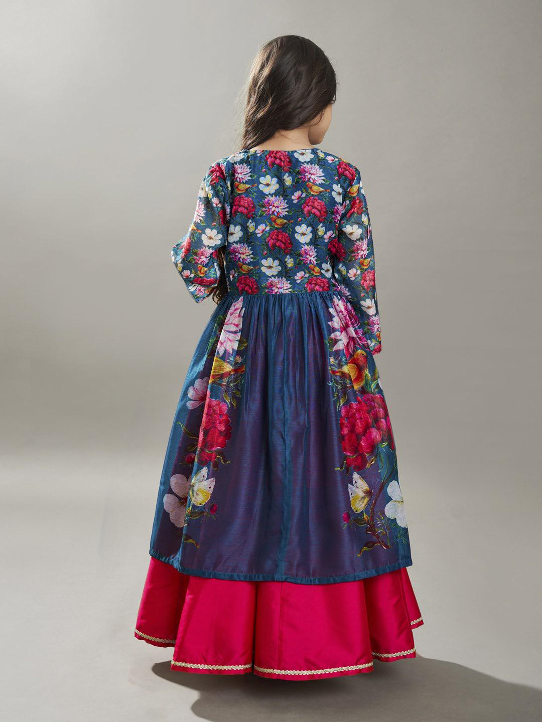 girls pink terquois blue digital print ready to wear lehenga with choli