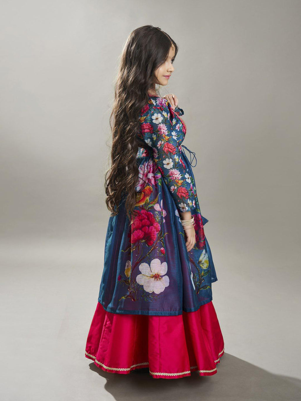 girls pink terquois blue digital print ready to wear lehenga with choli