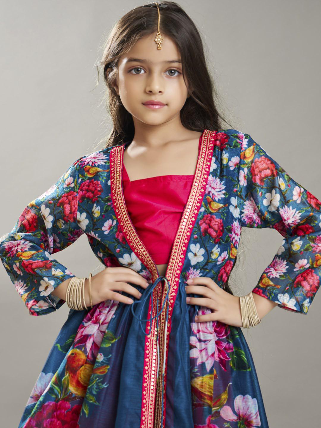 girls pink terquois blue digital print ready to wear lehenga with choli