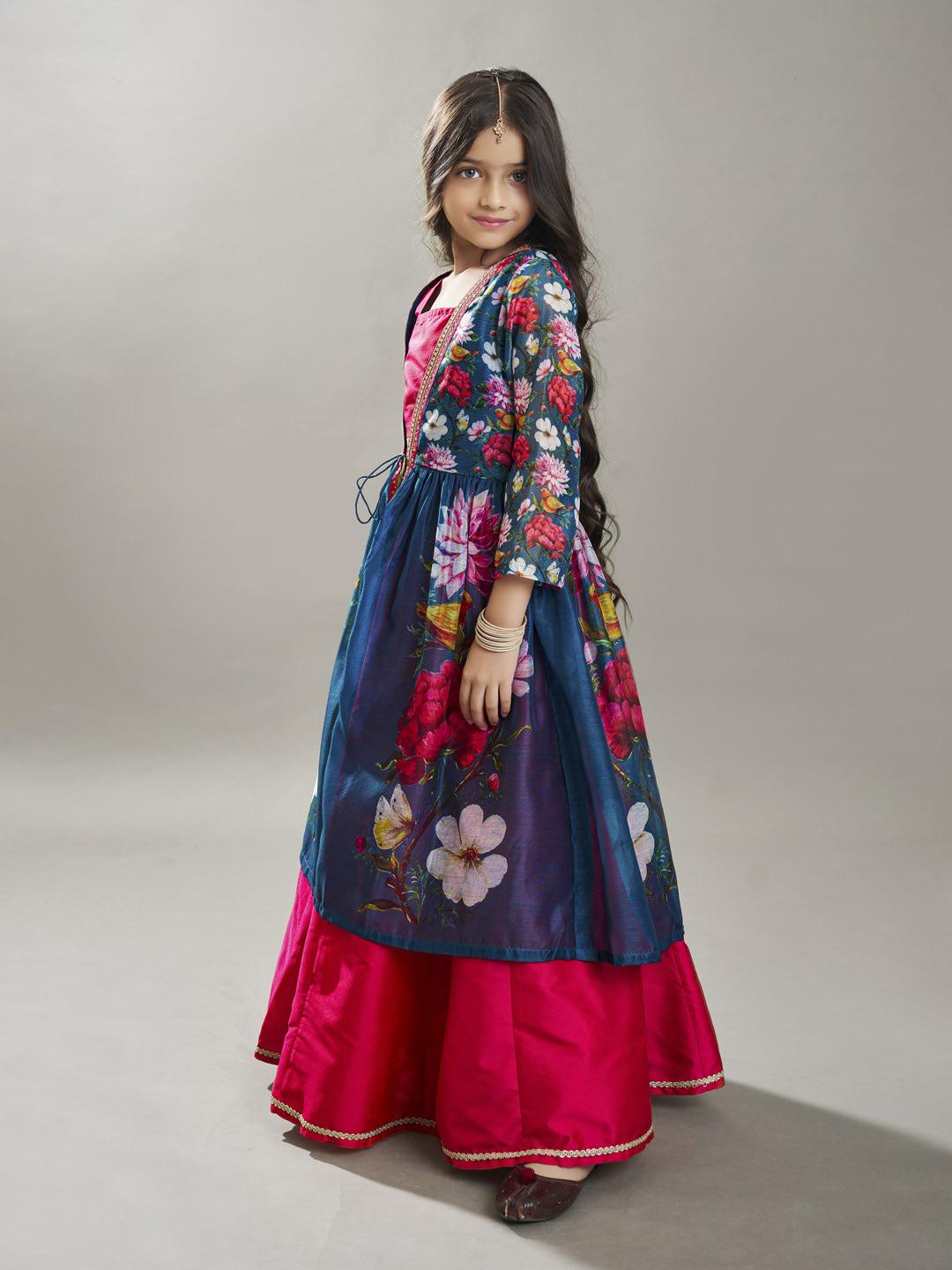 girls pink terquois blue digital print ready to wear lehenga with choli