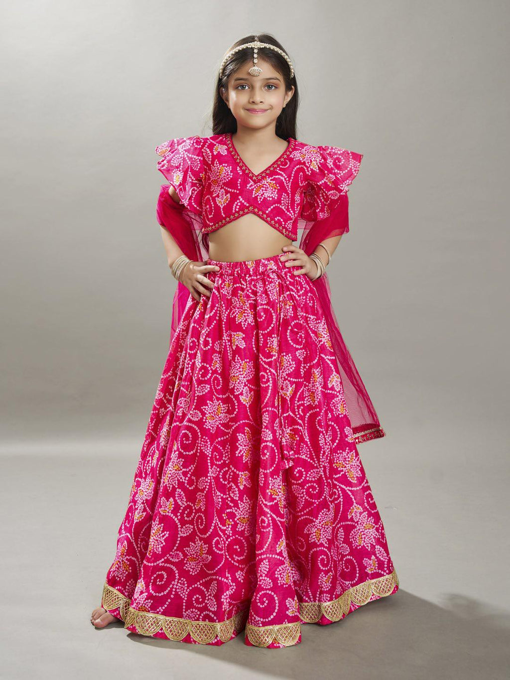 girls pink white bandhej digital print ready to wear lehenga with choli