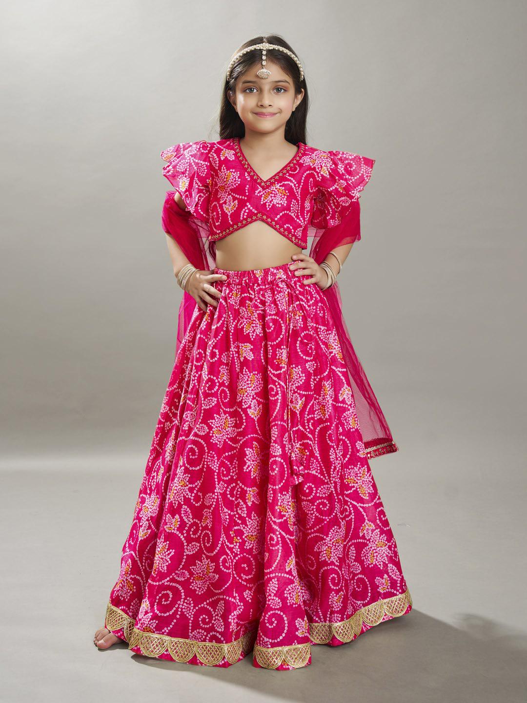 girls pink white bandhej digital print ready to wear lehenga with choli