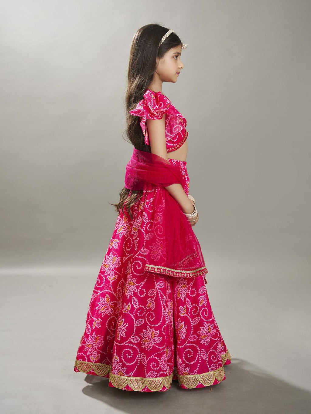 girls pink white bandhej digital print ready to wear lehenga with choli