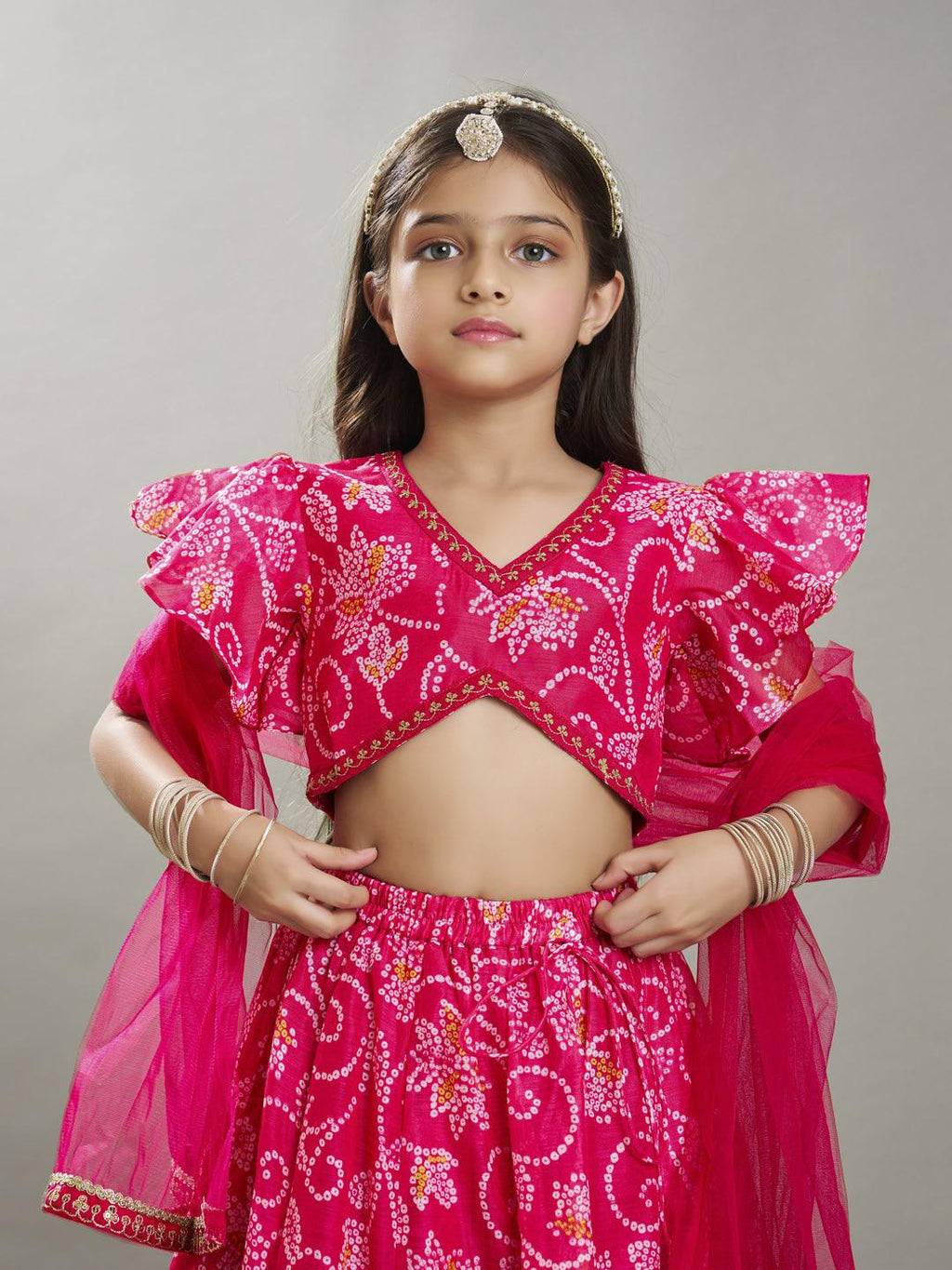 girls pink white bandhej digital print ready to wear lehenga with choli