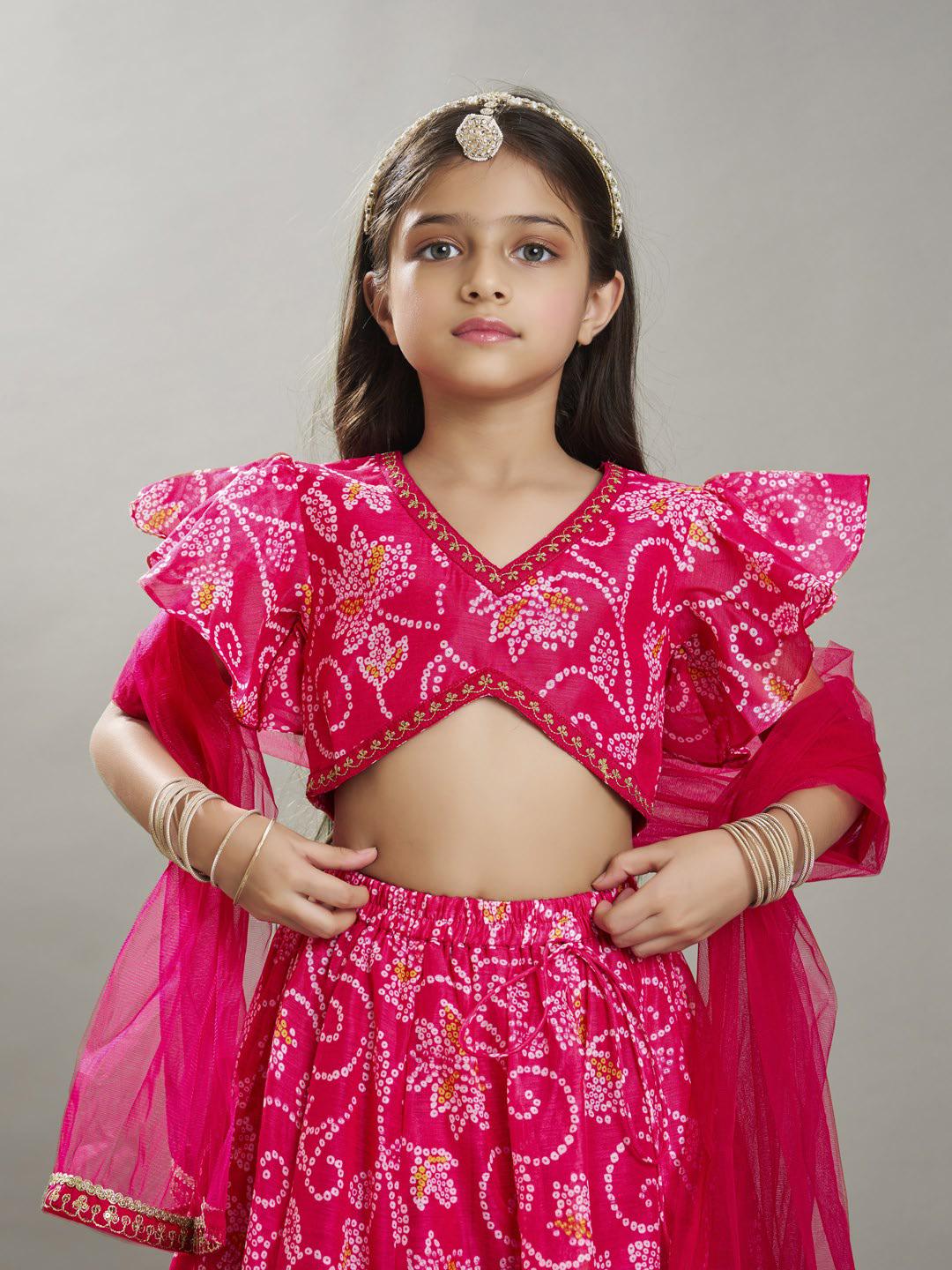 girls pink white bandhej digital print ready to wear lehenga with choli