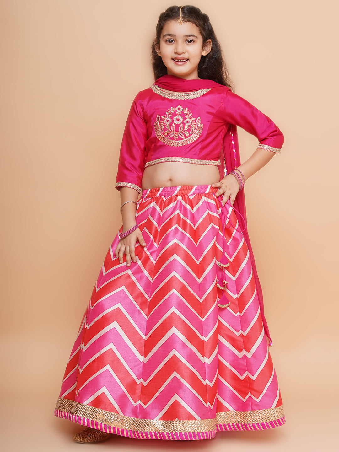 girls pink white embroidered choli pink zig zag printed lehenga with dupatta