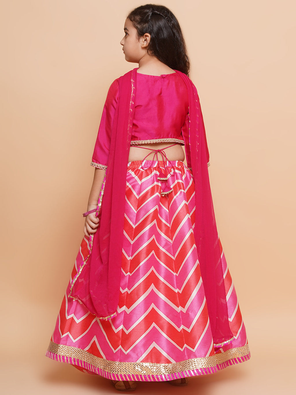 girls pink white embroidered choli pink zig zag printed lehenga with dupatta