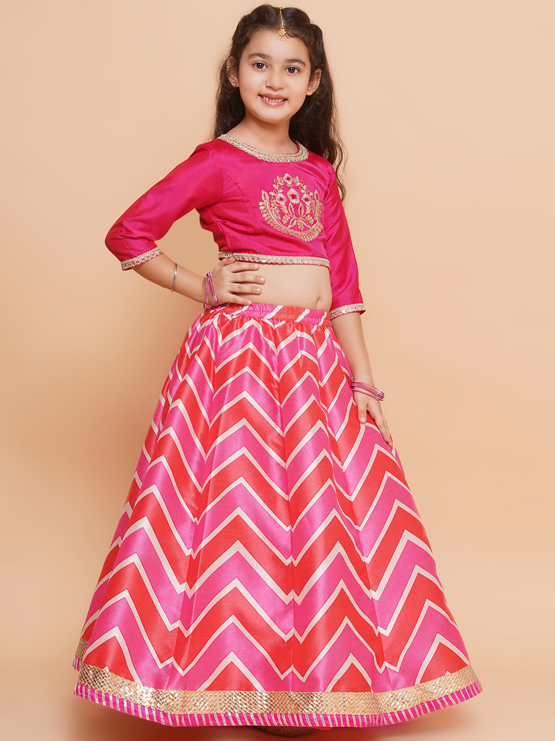 girls pink white embroidered choli pink zig zag printed lehenga with dupatta