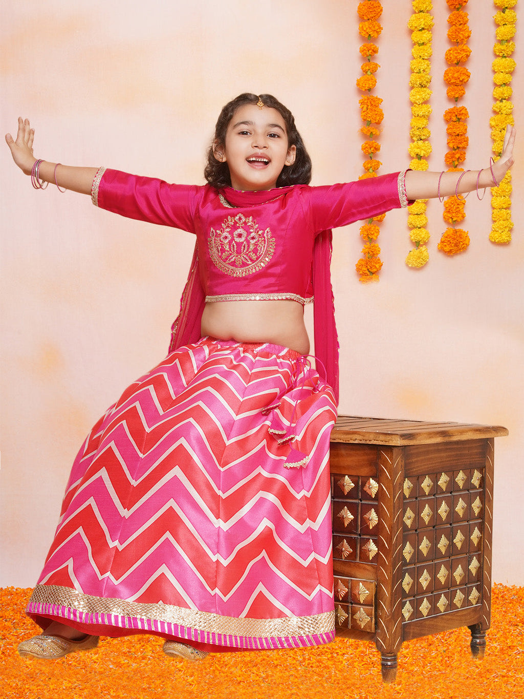 girls pink white embroidered choli pink zig zag printed lehenga with dupatta