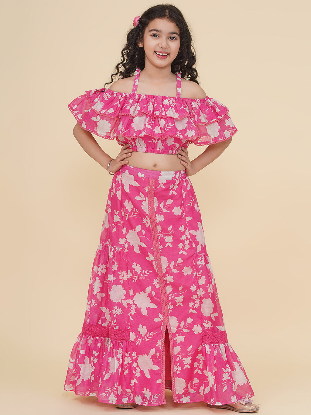 girls pink white printed top ready to wear skirt