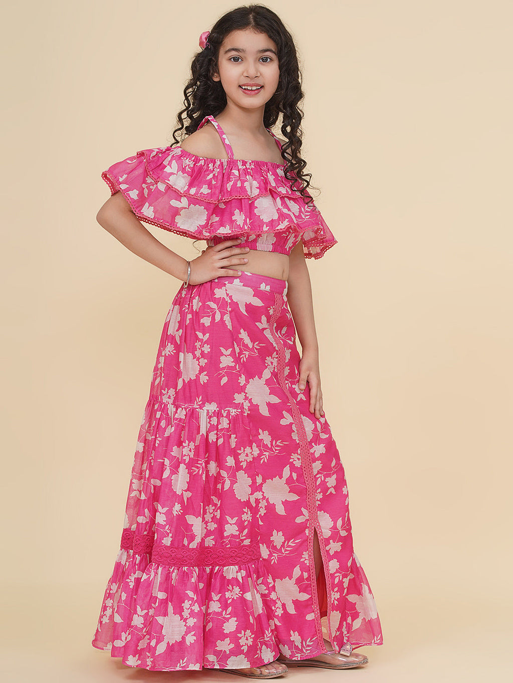 girls pink white printed top ready to wear skirt
