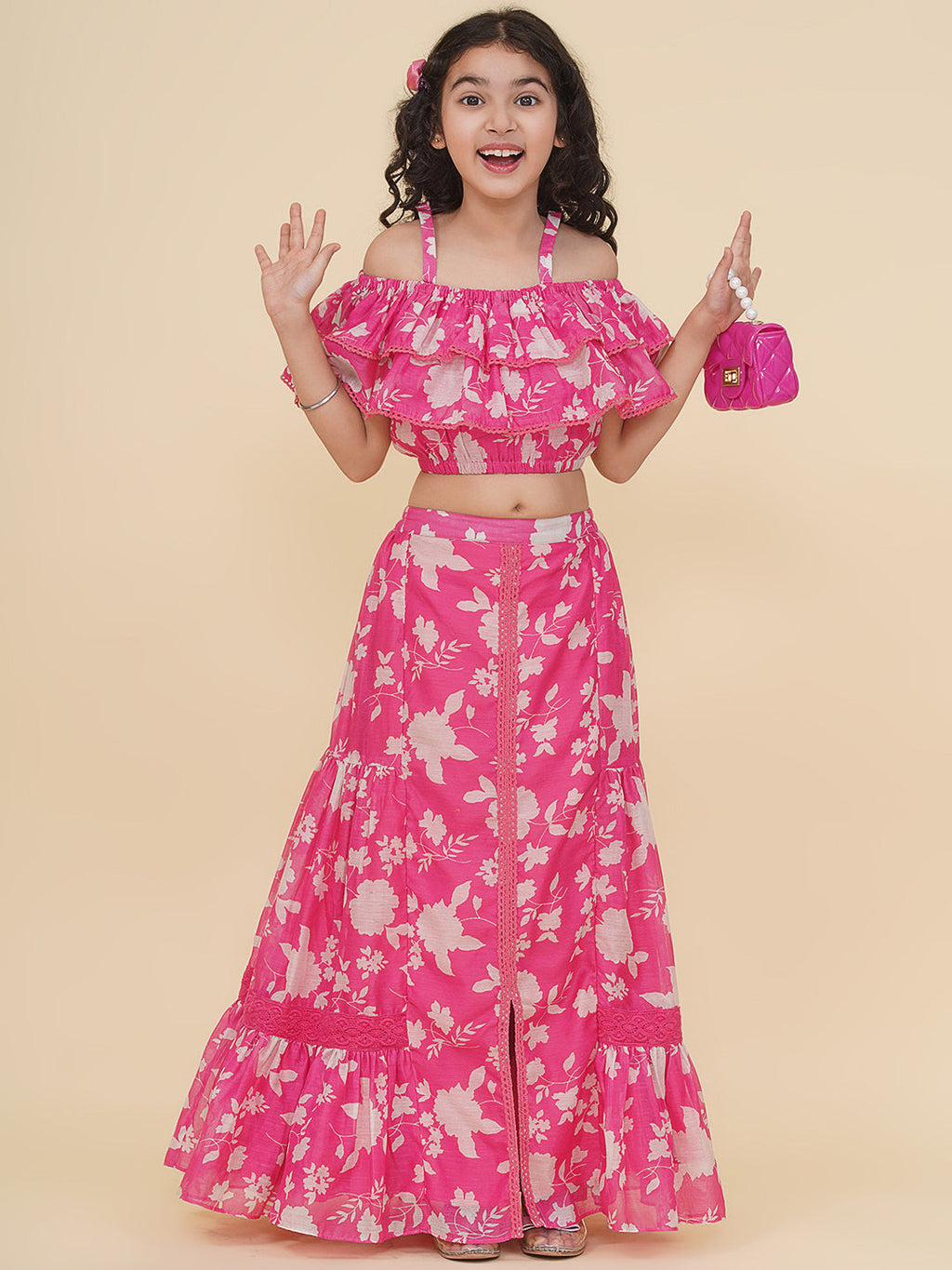 girls pink white printed top ready to wear skirt