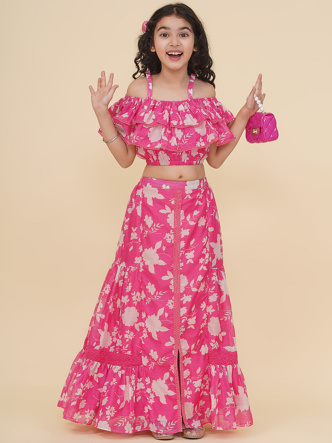 girls pink white printed top ready to wear skirt