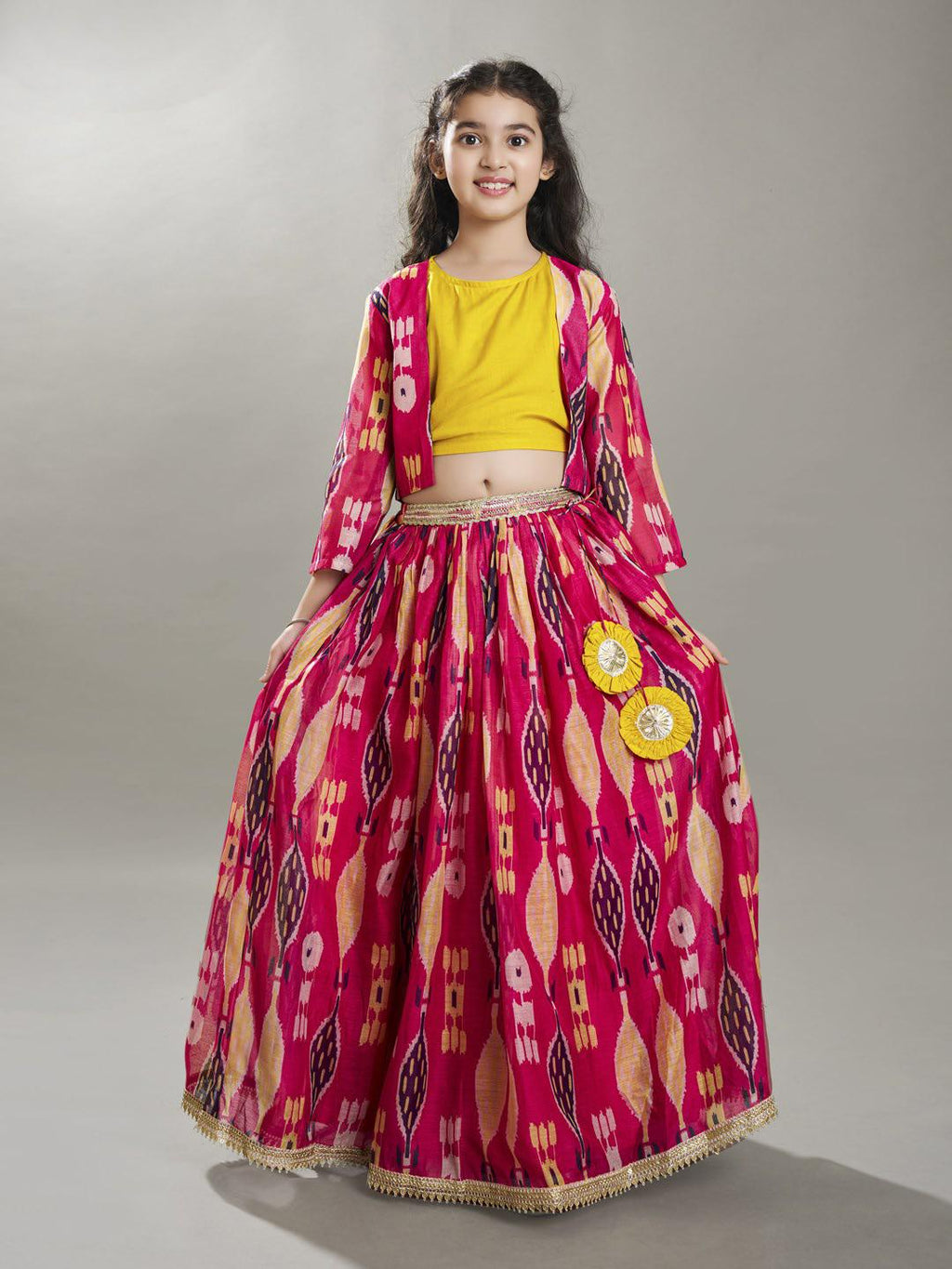 girls pink yellow ikat digital print ready to wear lehenga blouse with jacket