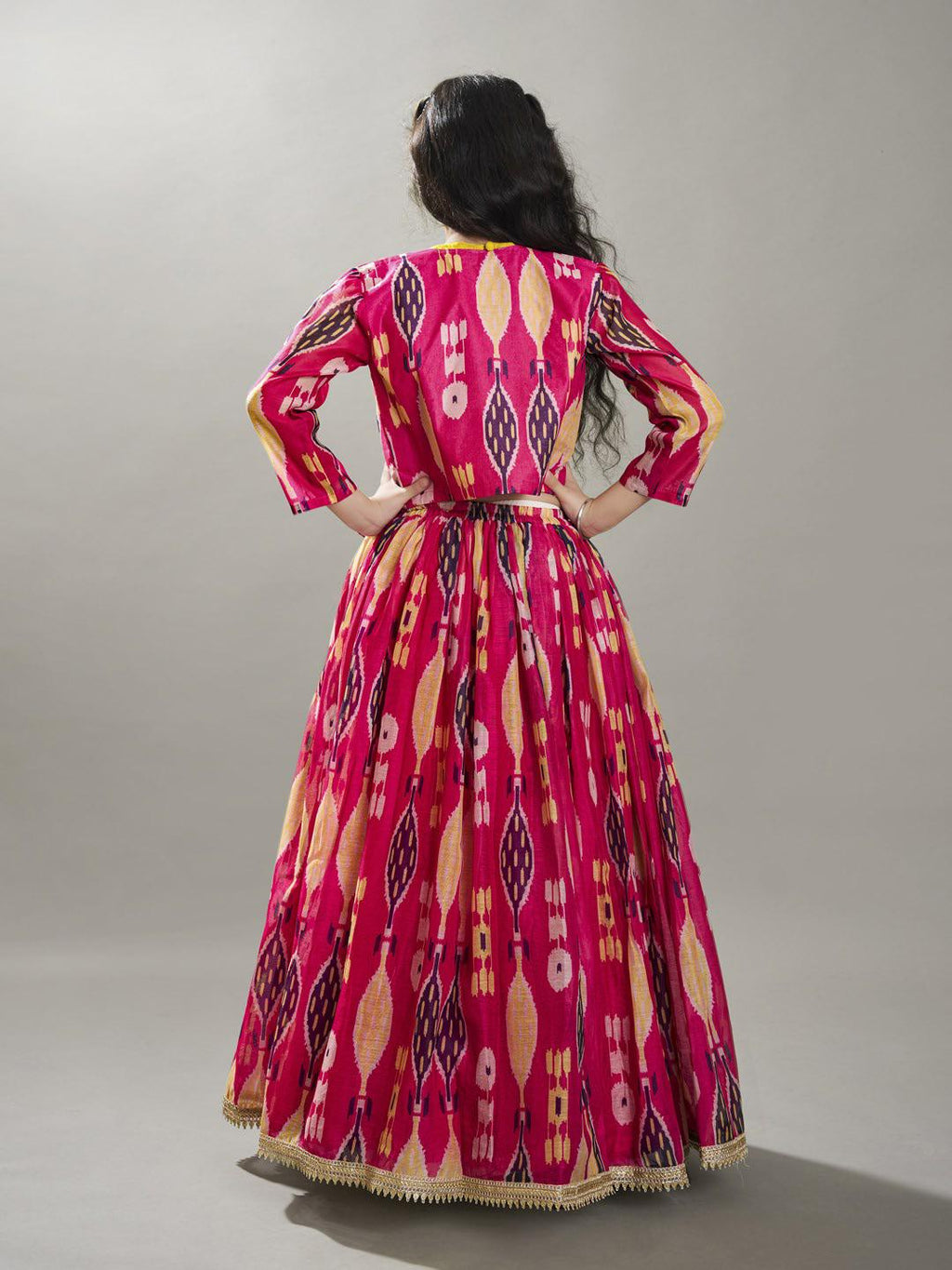 girls pink yellow ikat digital print ready to wear lehenga blouse with jacket