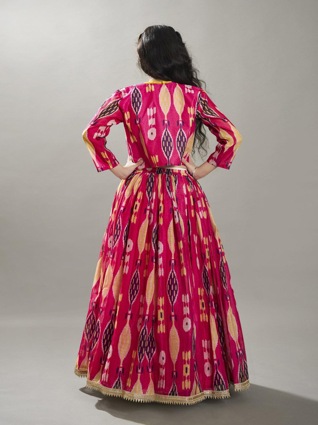 girls pink yellow ikat digital print ready to wear lehenga blouse with jacket