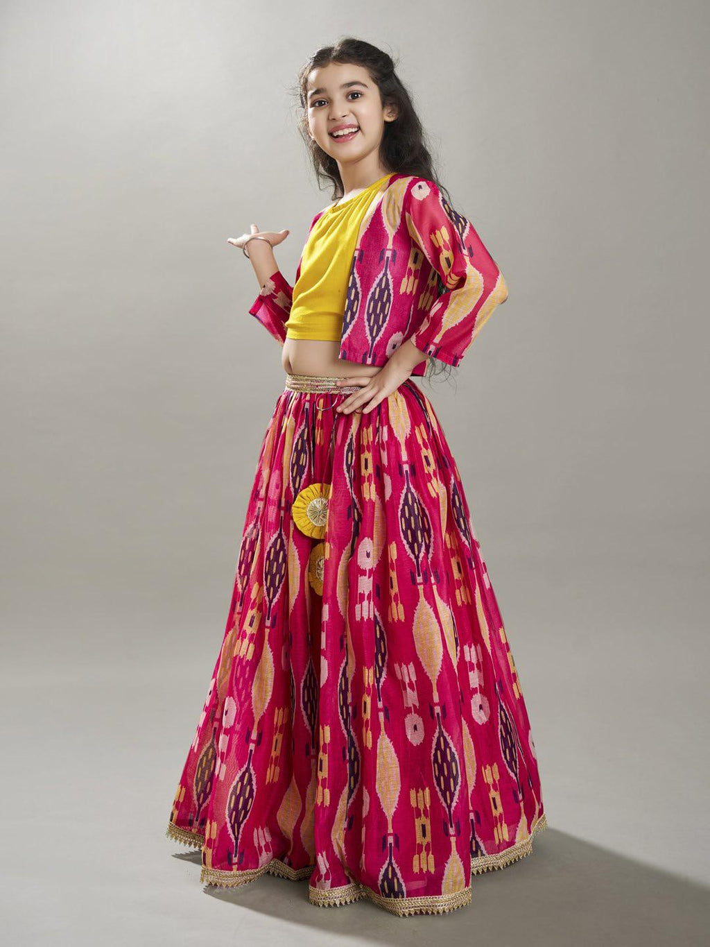 girls pink yellow ikat digital print ready to wear lehenga blouse with jacket