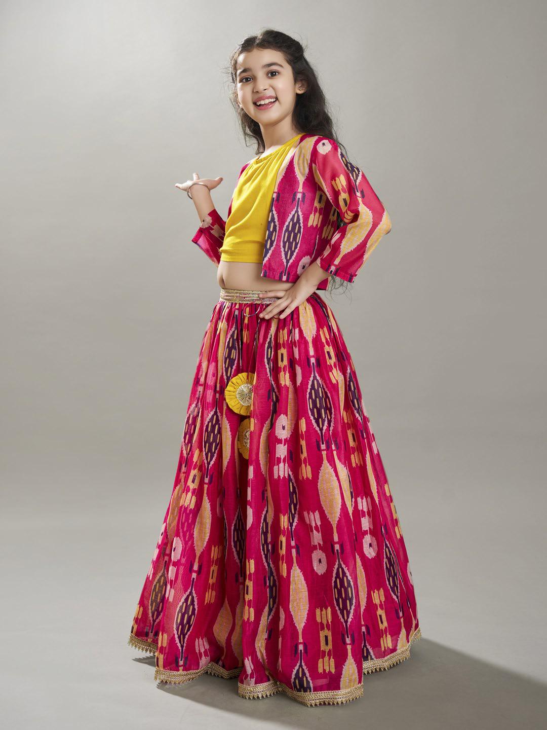 girls pink yellow ikat digital print ready to wear lehenga blouse with jacket