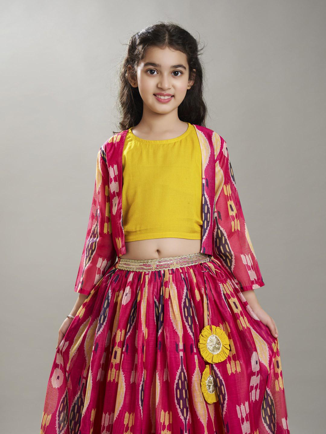 girls pink yellow ikat digital print ready to wear lehenga blouse with jacket