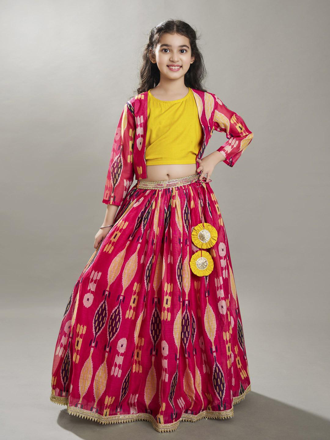 girls pink yellow ikat digital print ready to wear lehenga blouse with jacket