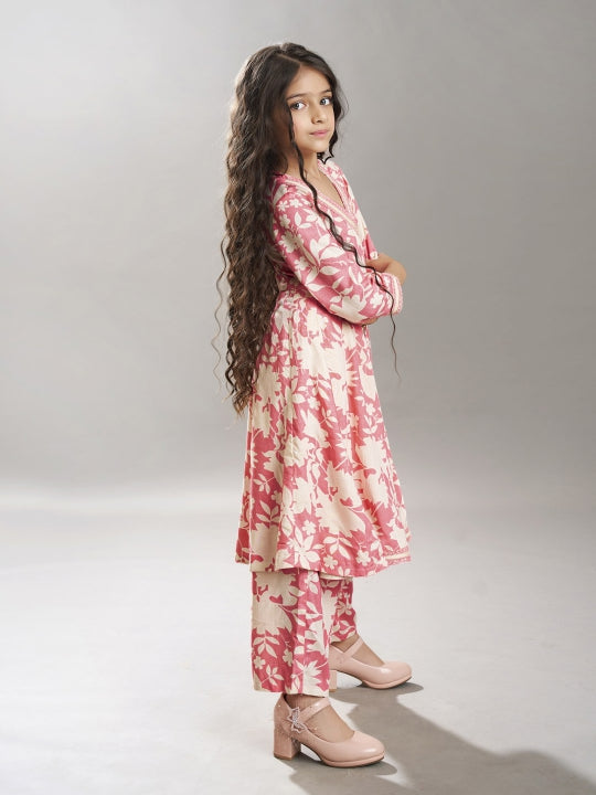 girls pink angrakha kurta with trousers