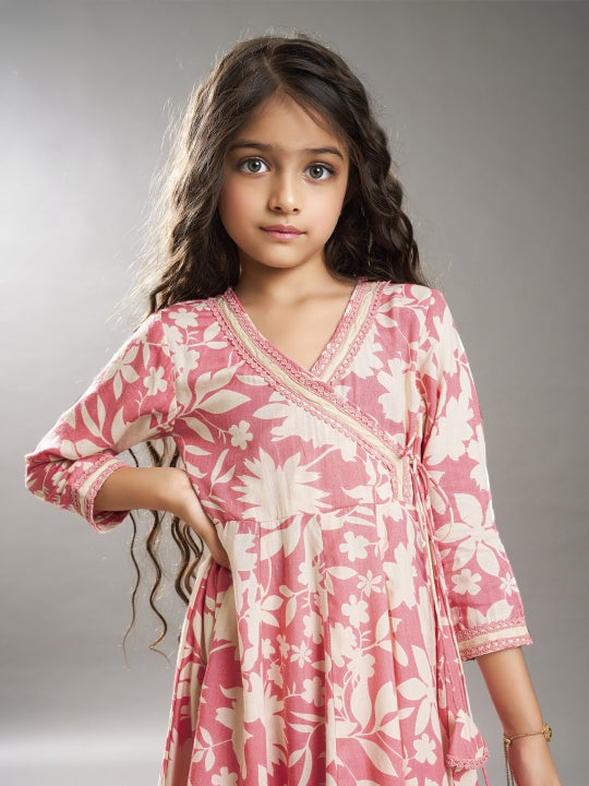 girls pink angrakha kurta with trousers