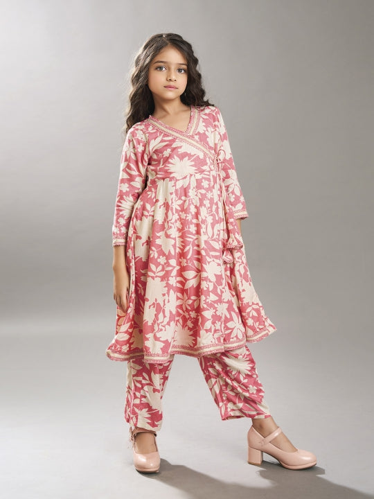 girls pink angrakha kurta with trousers