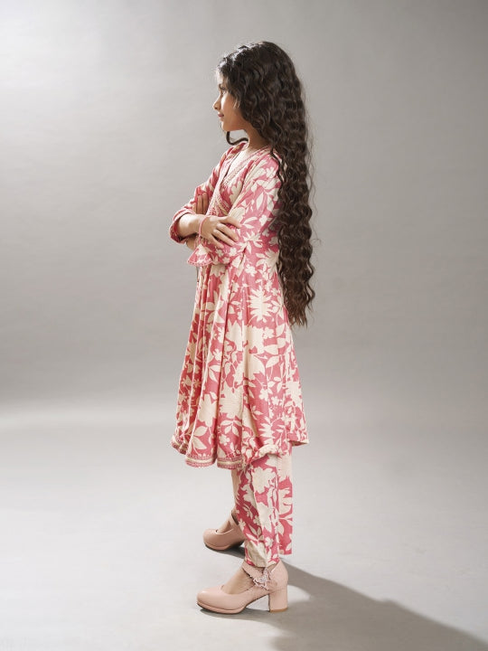 girls pink angrakha kurta with trousers
