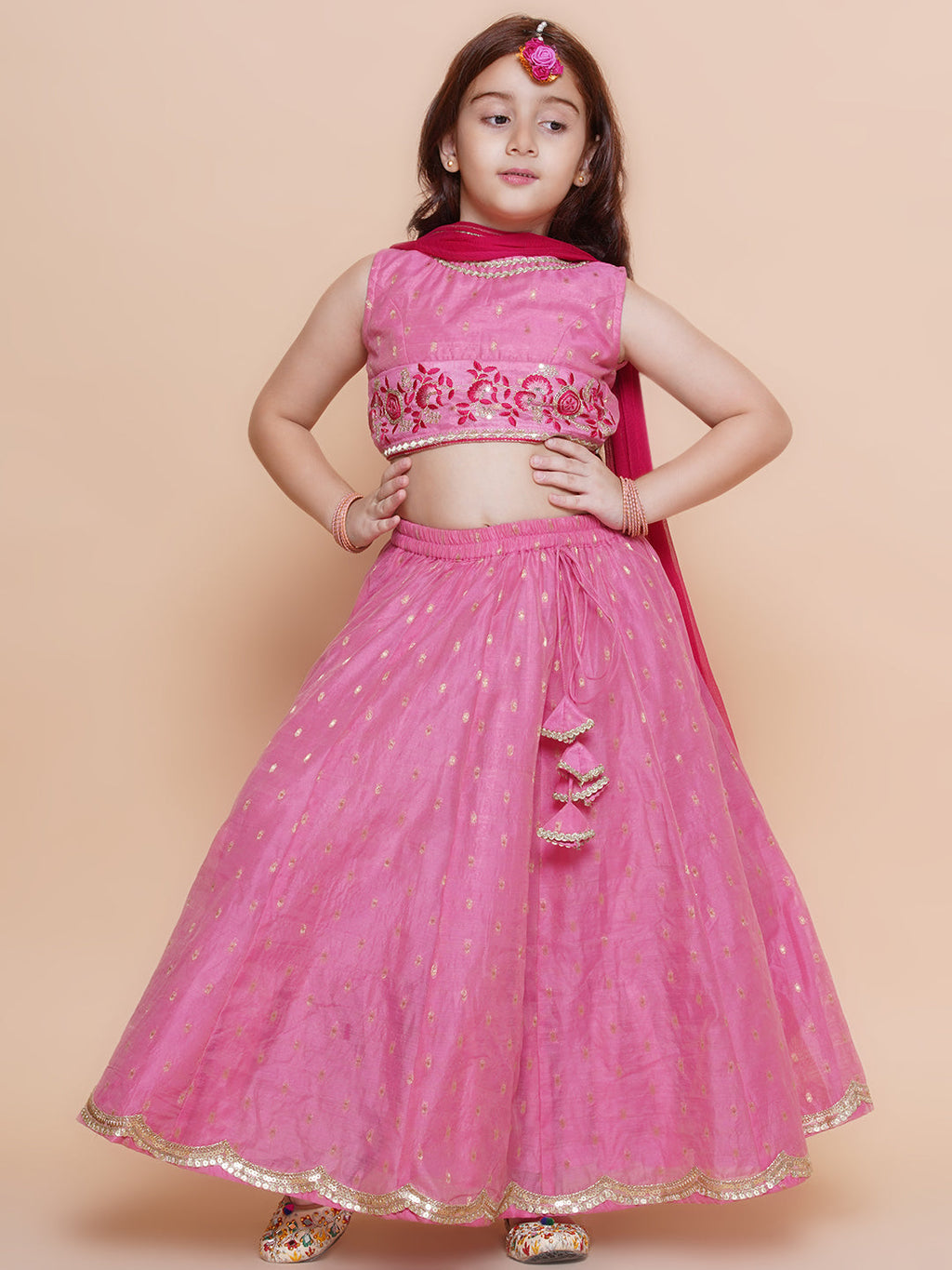 girls pink embroidered choli pink jaquard booti design lehenga with dupatta