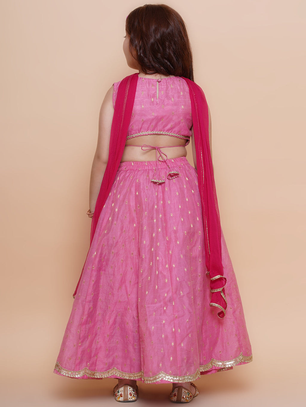 girls pink embroidered choli pink jaquard booti design lehenga with dupatta
