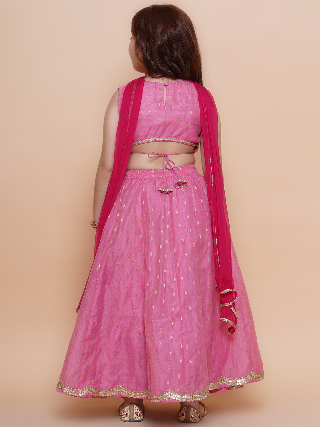 girls pink embroidered choli pink jaquard booti design lehenga with dupatta