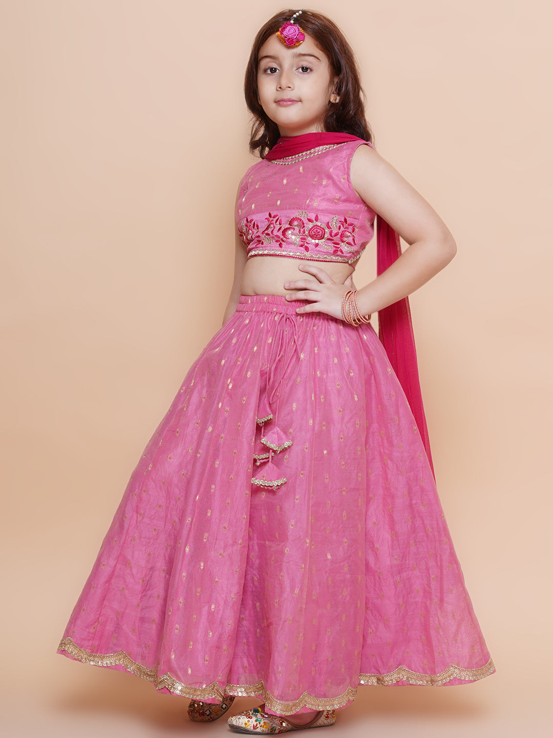 girls pink embroidered choli pink jaquard booti design lehenga with dupatta
