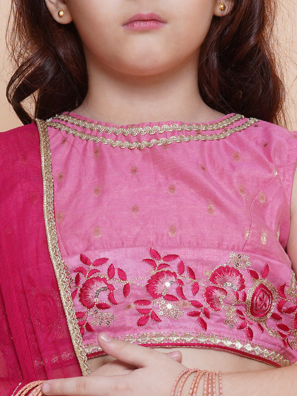 girls pink embroidered choli pink jaquard booti design lehenga with dupatta