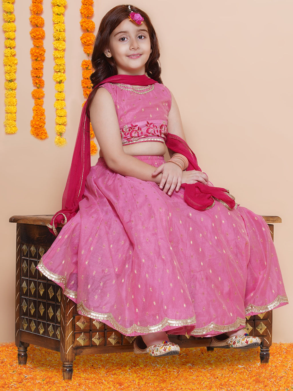 girls pink embroidered choli pink jaquard booti design lehenga with dupatta